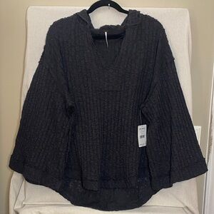 NWT Free People Baja Babe Hacci Hooded Sweater Top in Washed Black Oversized Sm.
